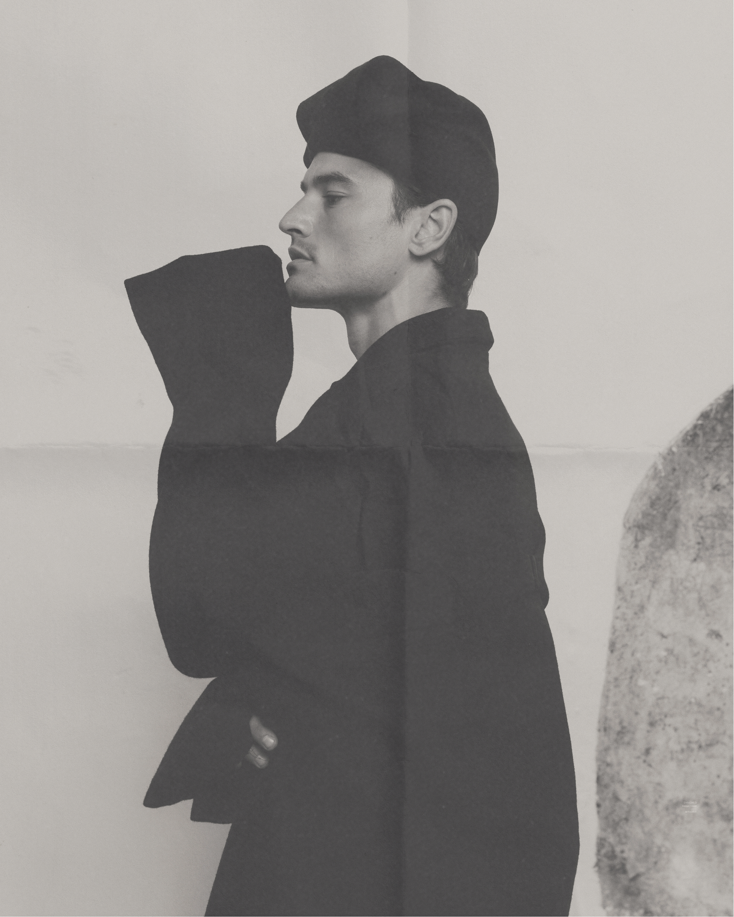 A series of black and white profile portraits showing a person in dark clothing and hat against a light background.