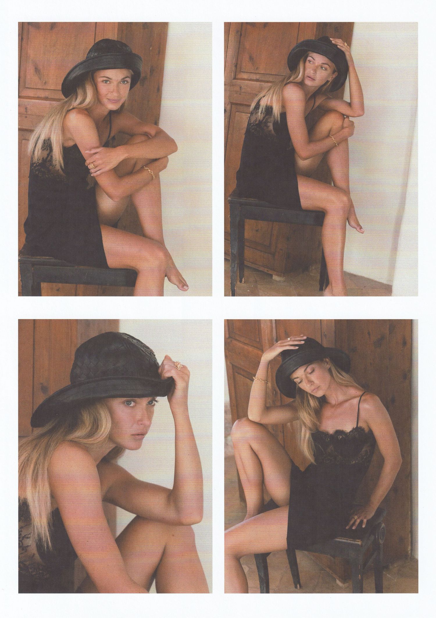 Four-photo collage of a blonde woman in a black hat and black slip dress posing on a dark wooden stool against a rustic wooden door.