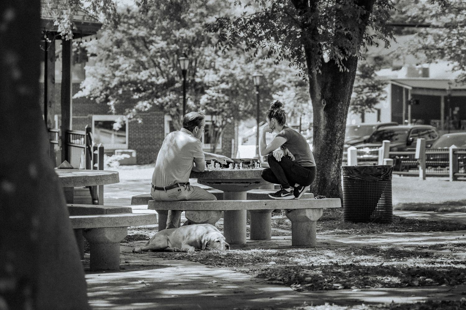 black and white photo of a chees game with a dog