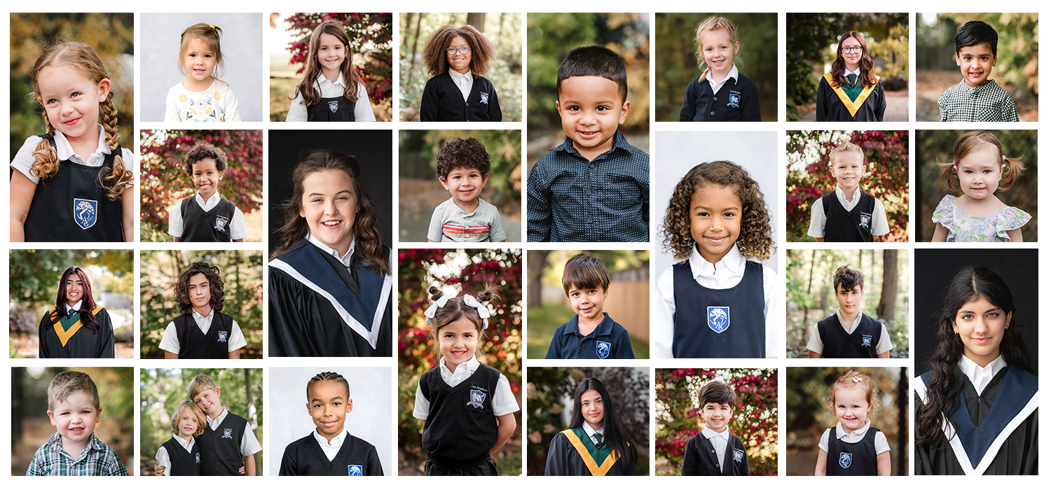 Grid layout of school portraits featuring students in blue uniforms against various backgrounds.