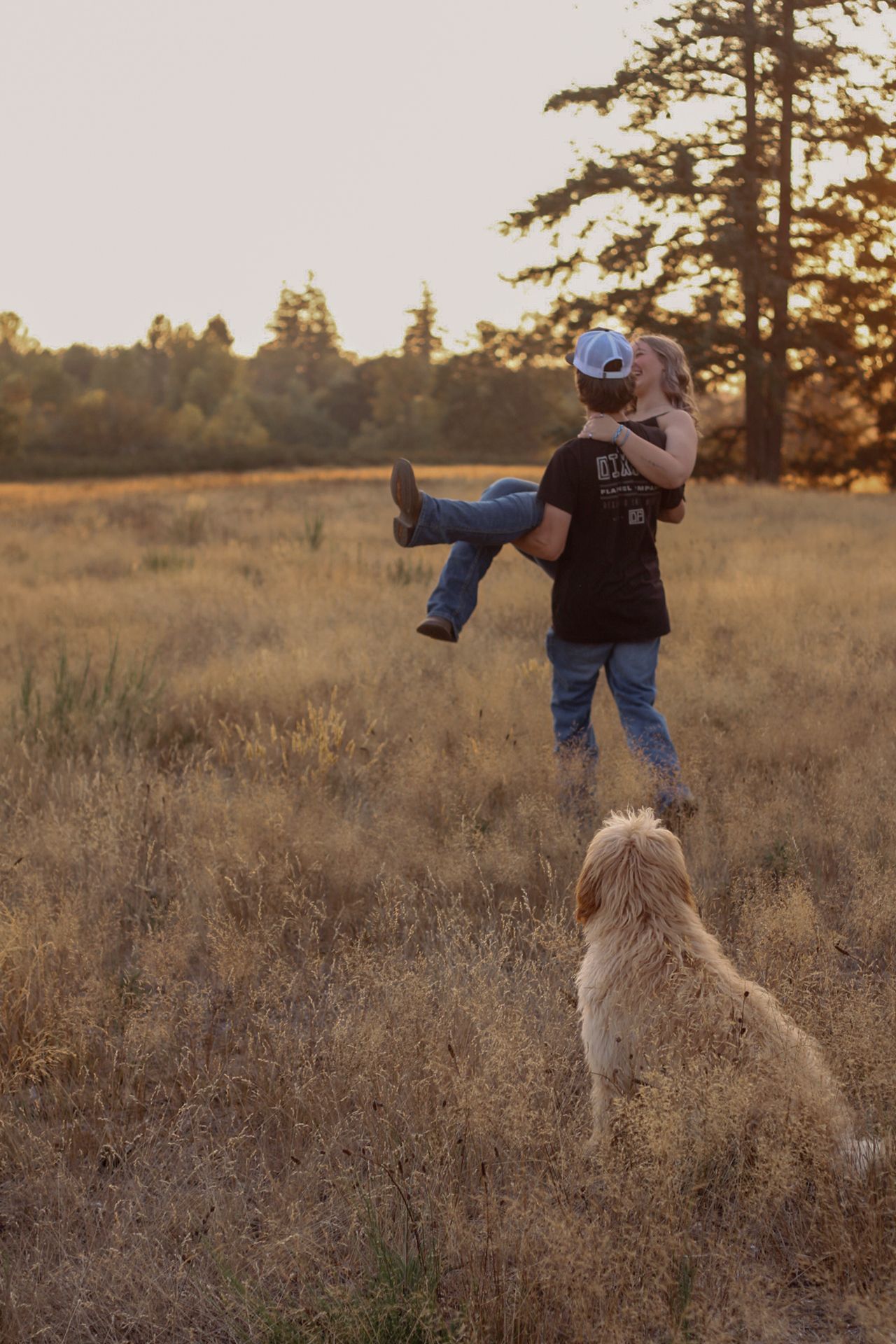 Sunset scene with a playful lift pose and a dog watching in a golden field.
