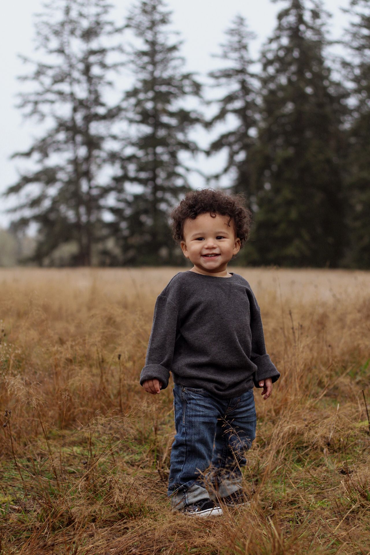A young child in a dark sweater and jeans sits and plays in a golden field of tall grass with evergreen trees behind.