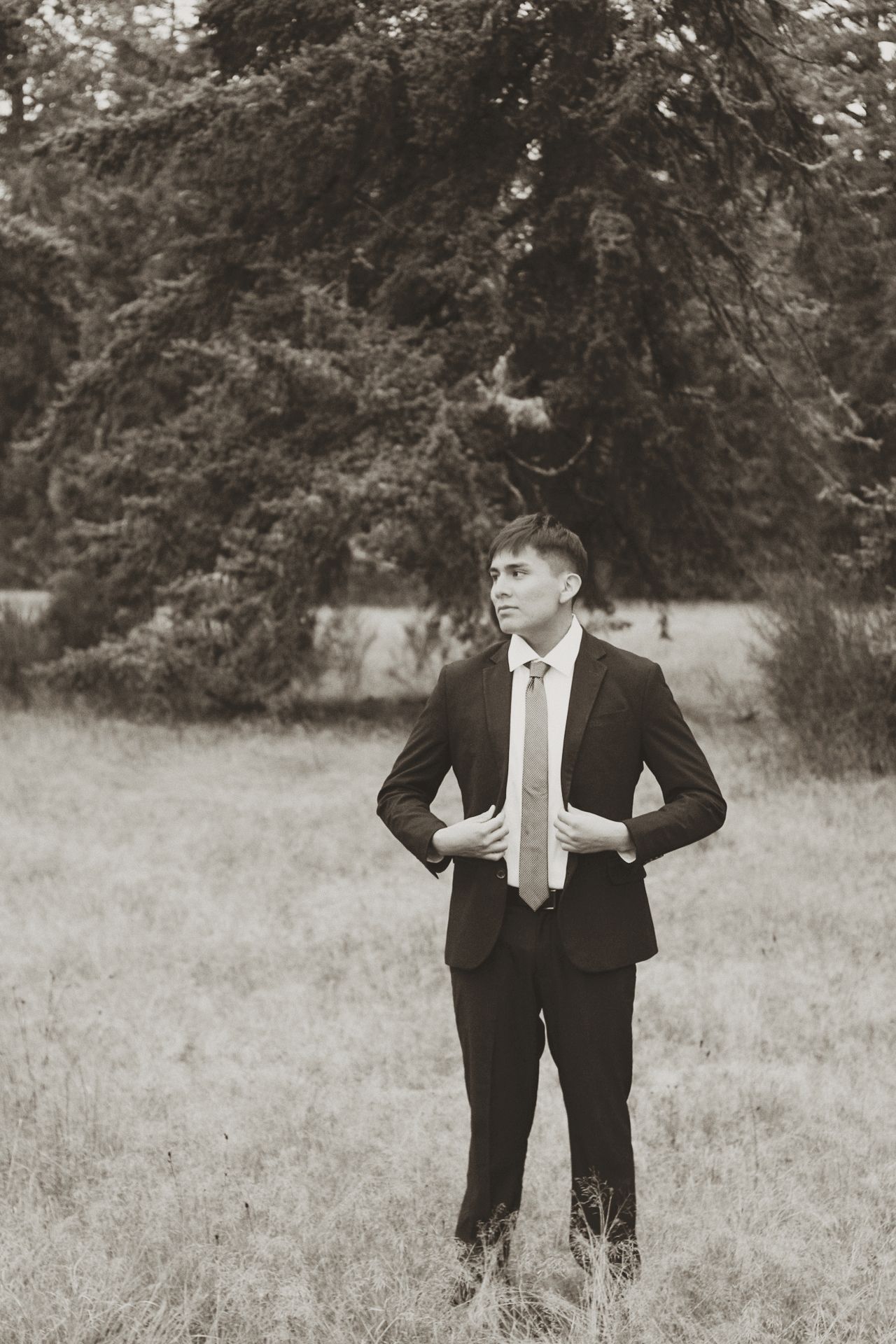 A series of black and white photos showing a figure in a formal suit and tie standing in a grassy field.