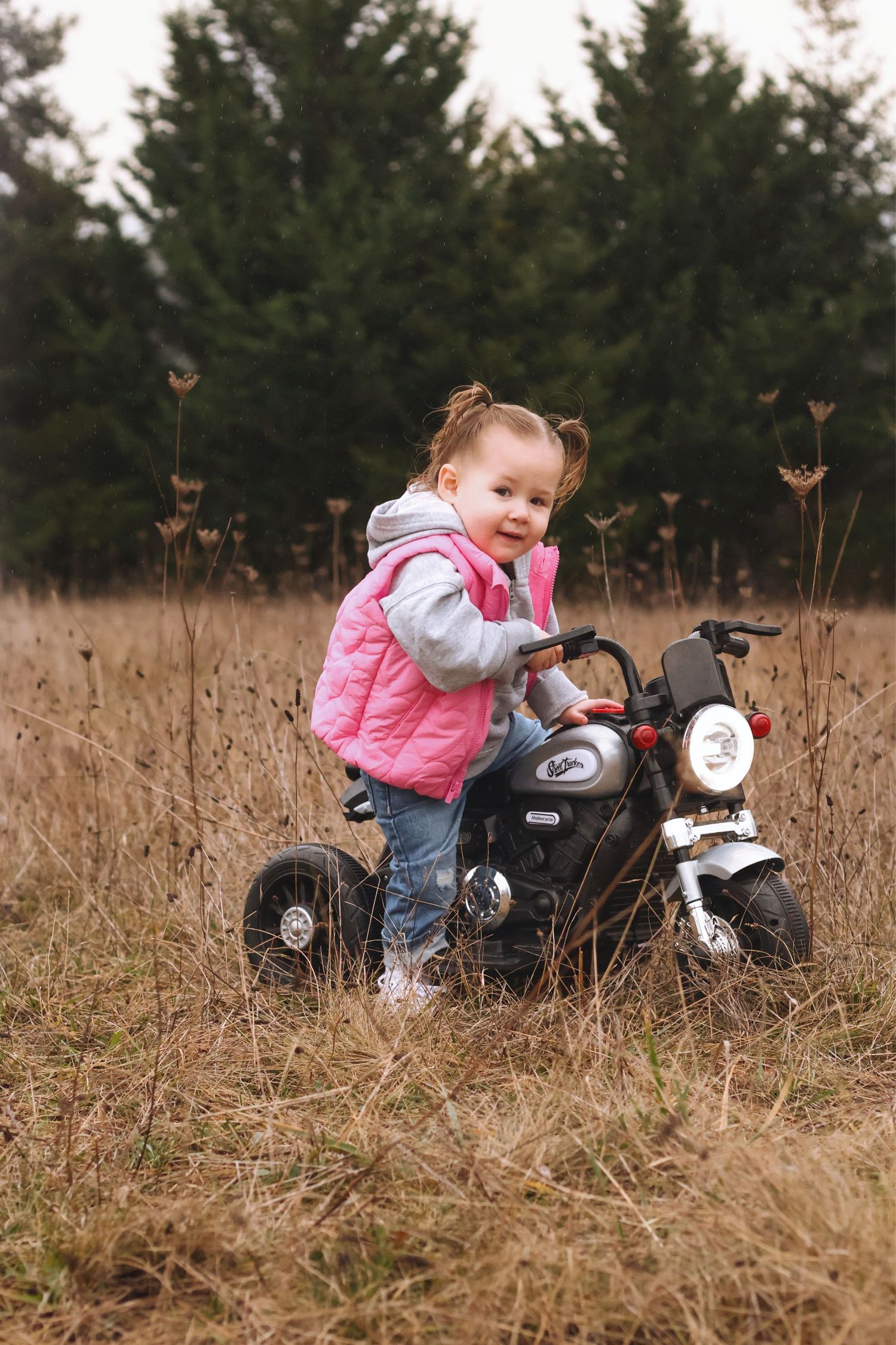 Small child on toy motorcycle in field of tall grass with evergreen trees in background.