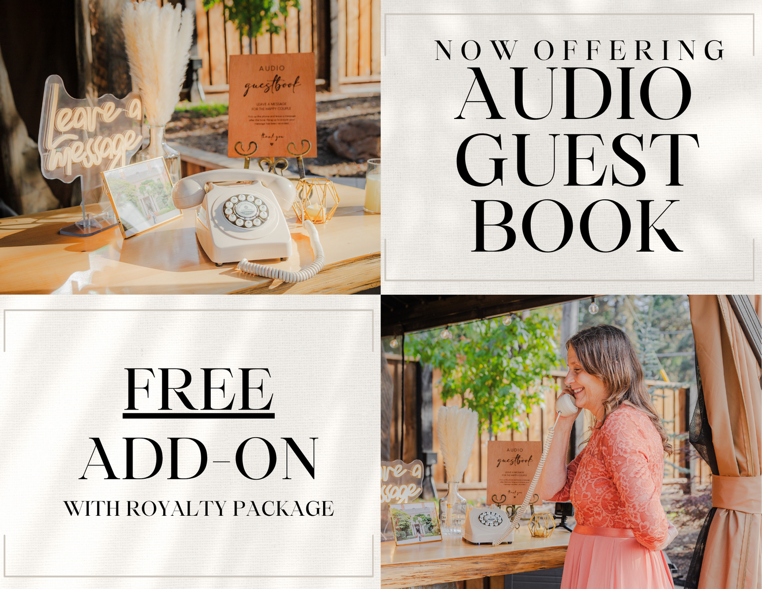 Wedding videography promotion offering a free audio guestbook add-on with a vintage telephone and bride in pink dress.