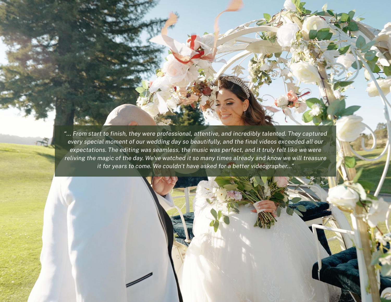 Bride and groom sharing intimate moment under floral arch with glowing five-star client review overlay.