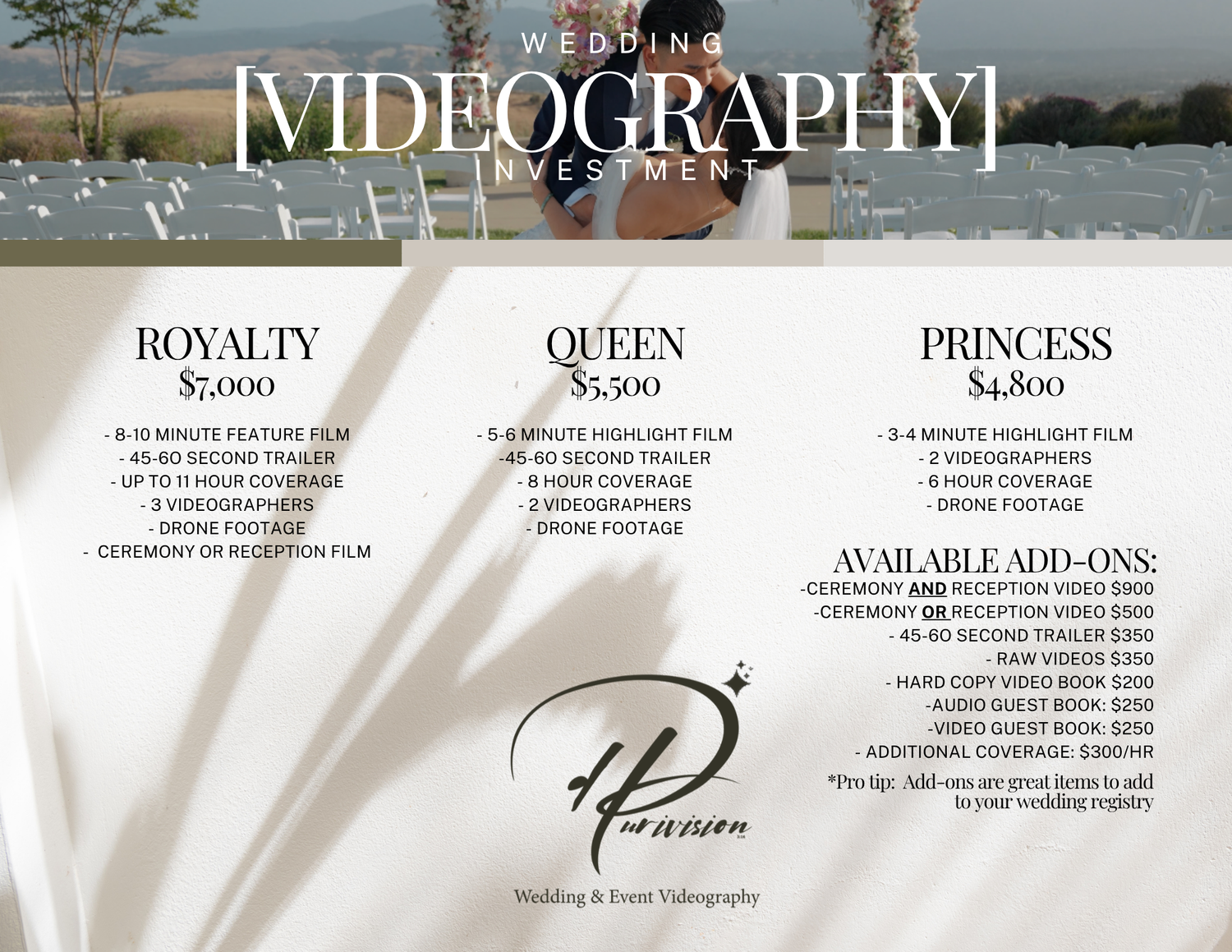 Wedding videography pricing guide showing Royalty, Queen, and Princess packages with add-on options.
