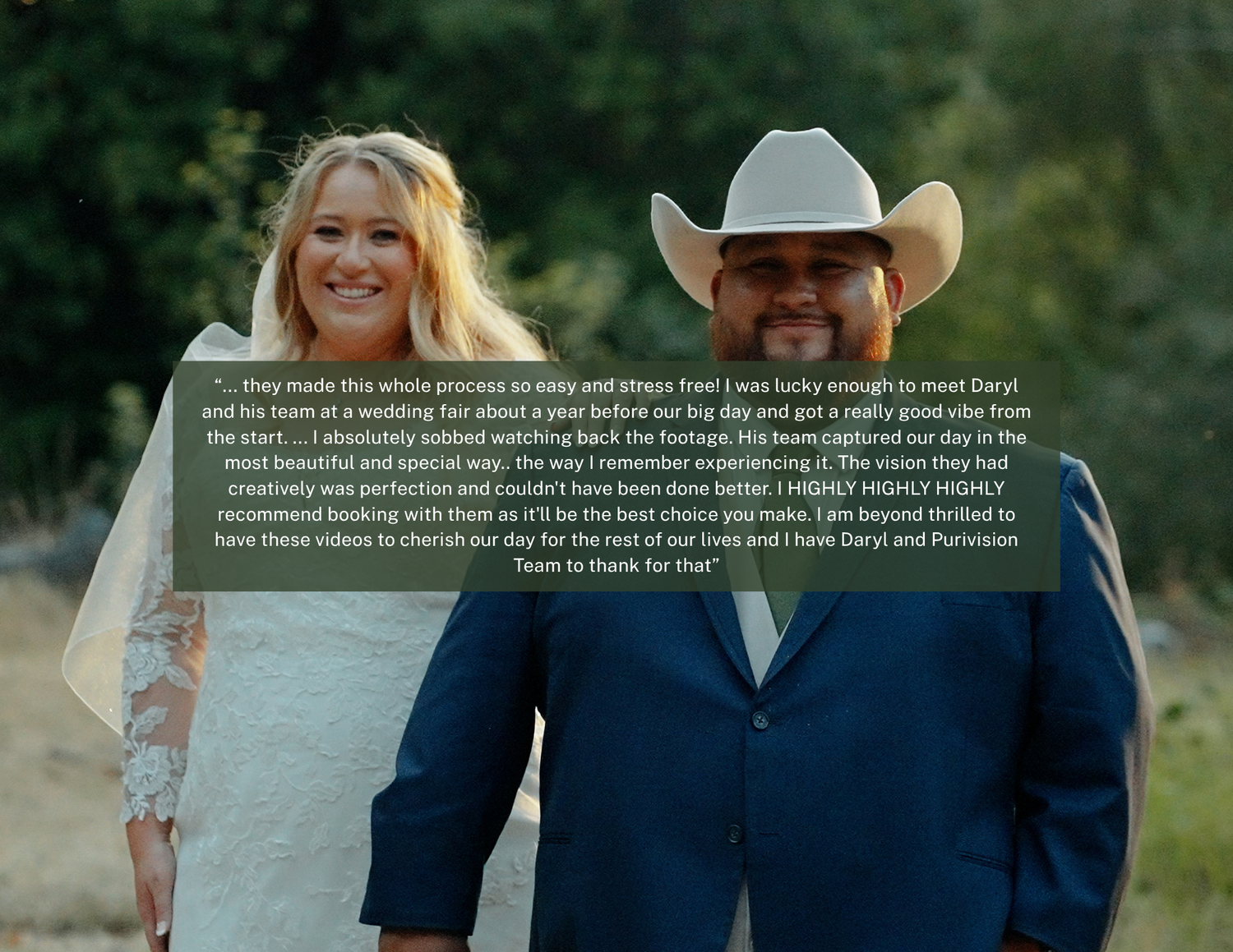 Smiling wedding couple with glowing review text overlay praising Purvision videography team services.