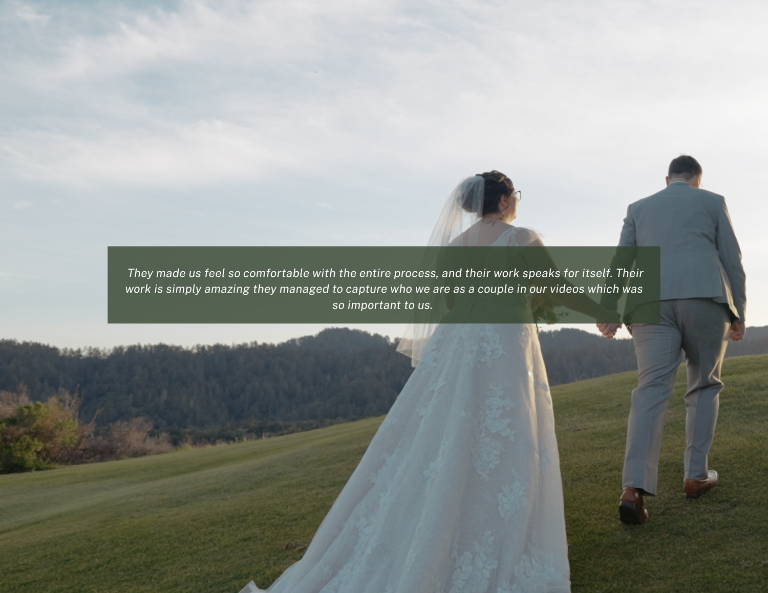 Bride and groom walking on a lush green hillside with a heartfelt client testimonial overlay about their wedding videography experience.