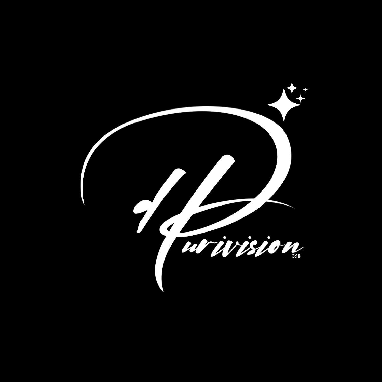 Elegant white script Purivision photography logo with sparkle accent on black background.