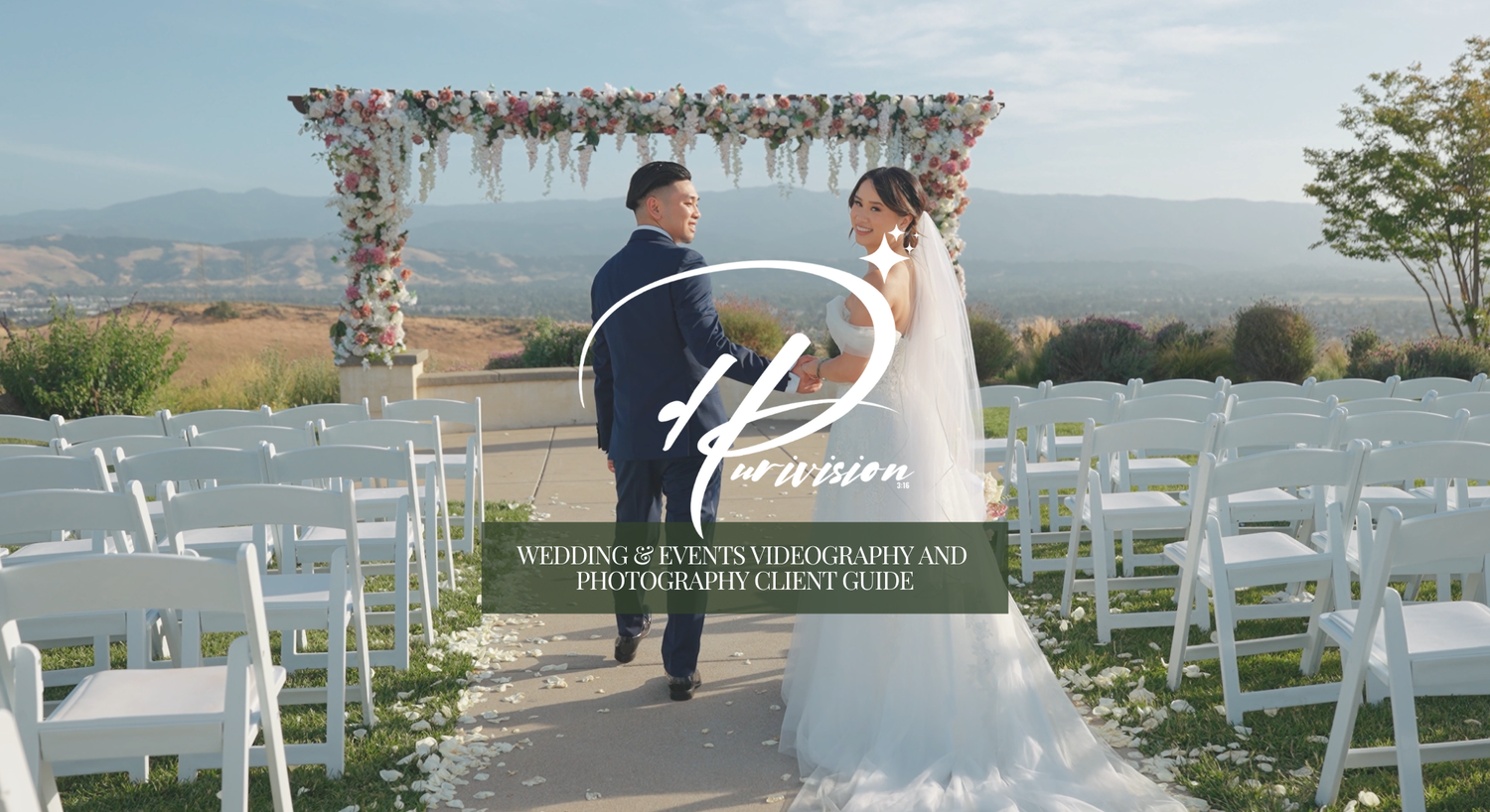 Wedding videography and photography client guide cover featuring couple at floral arch with scenic valley view.