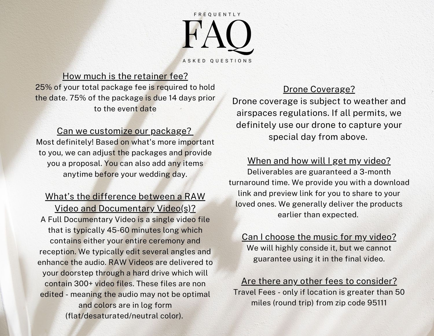 Elegant wedding videography FAQ page with soft background detailing pricing, packages, video styles, drone use, and delivery timelines.