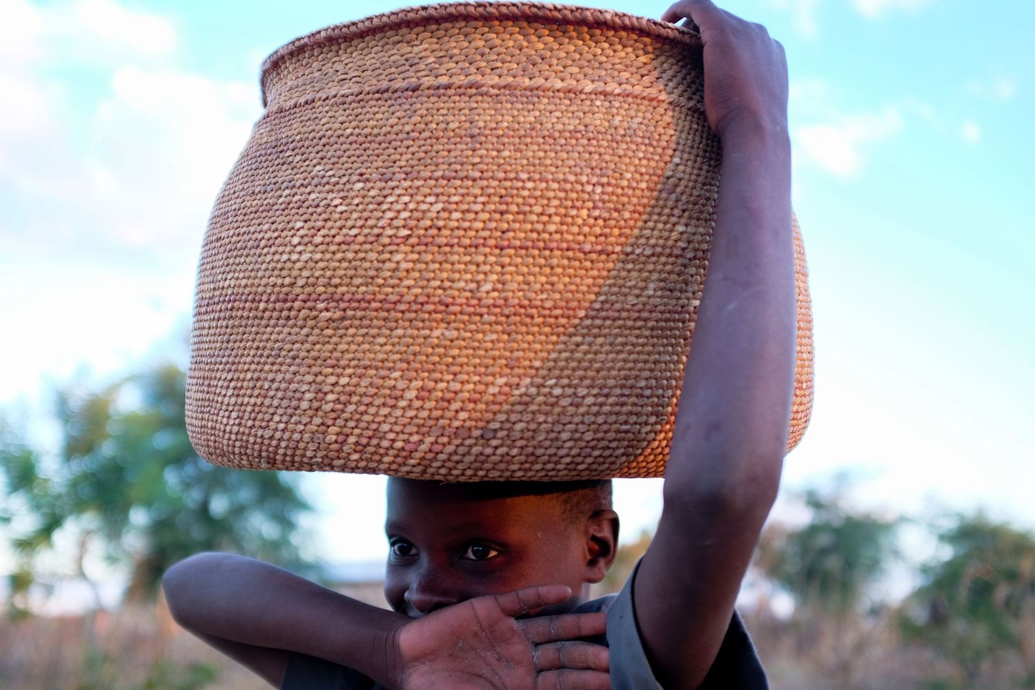 Close-up of woven basket carriers in warm sunlight against blue sky.