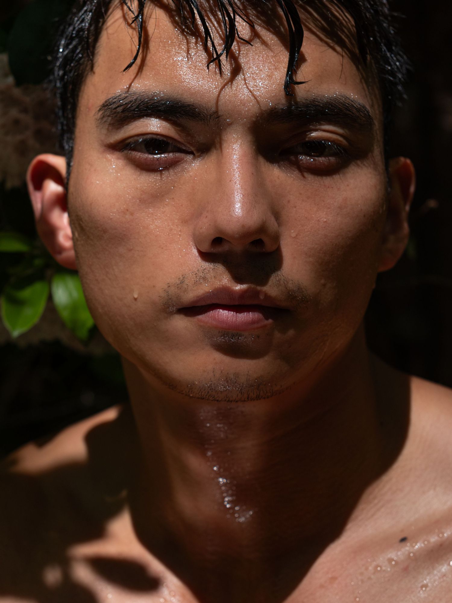 Close-up portrait with water droplets and dramatic natural lighting.