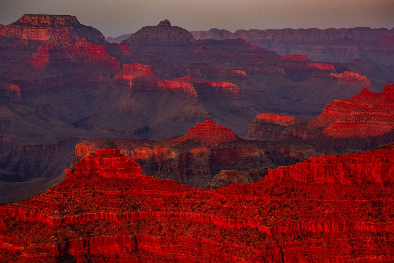 Panoramic view of the Grand Canyon at sunset with vibrant red rock formations glowing in the fading light.