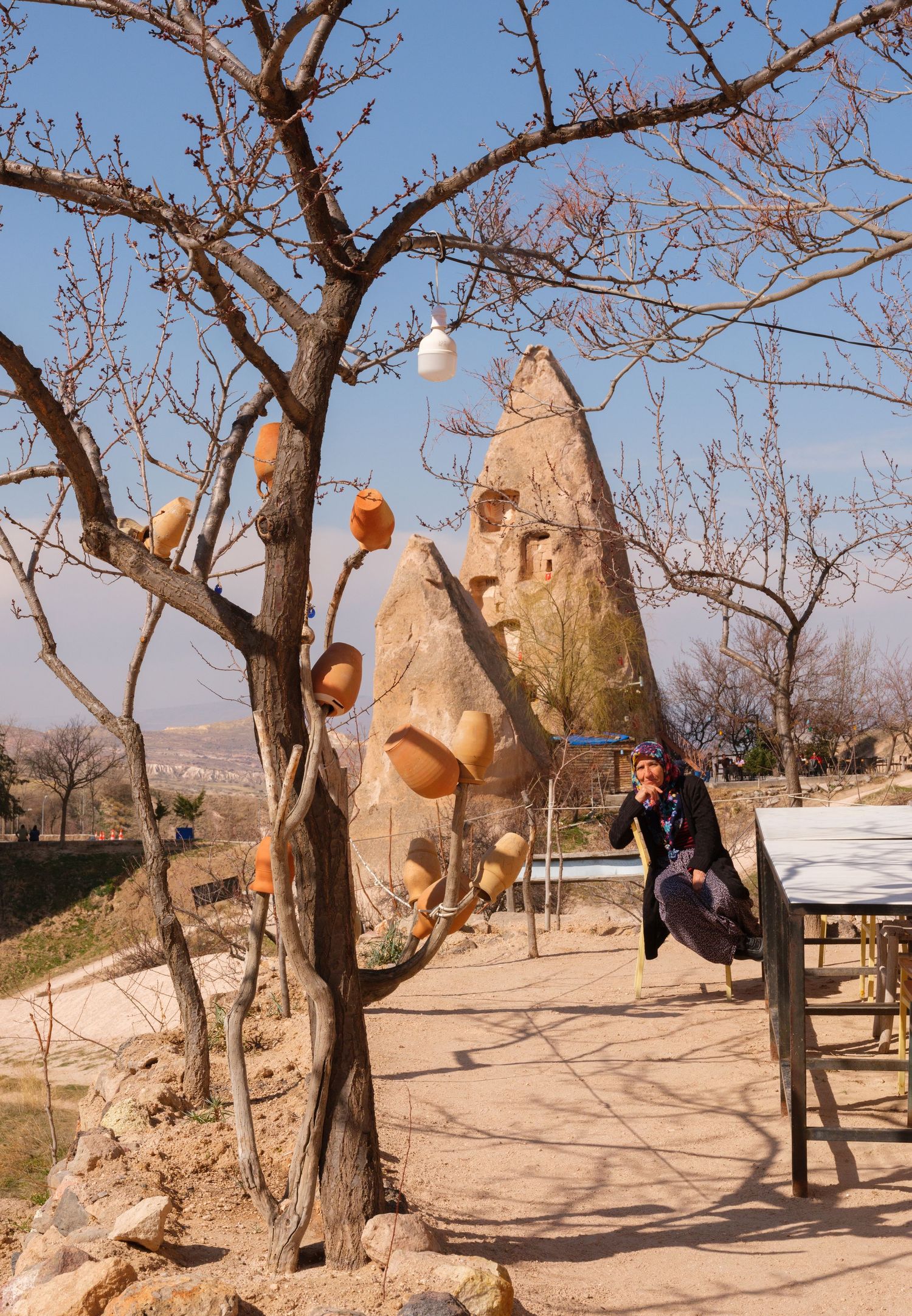 A scenic path in Cappadocia with unique rock formations and hanging decorative gourds on a bare tree.