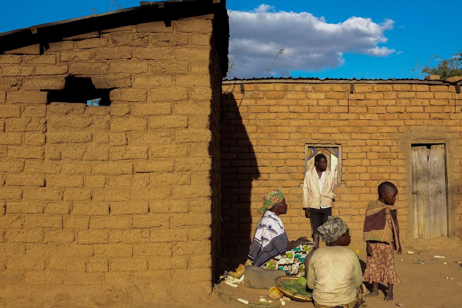 Rural adobe buildings with thatched roofs line a dirt path under blue skies in an African village setting.
