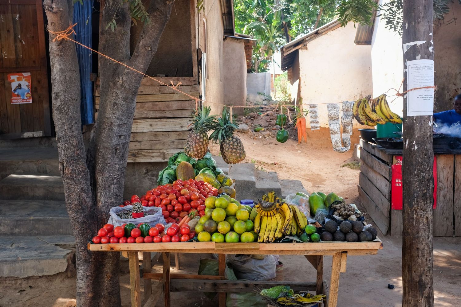 Fresh produce and fruits displayed for sale at an outdoor market stall under tree shade.