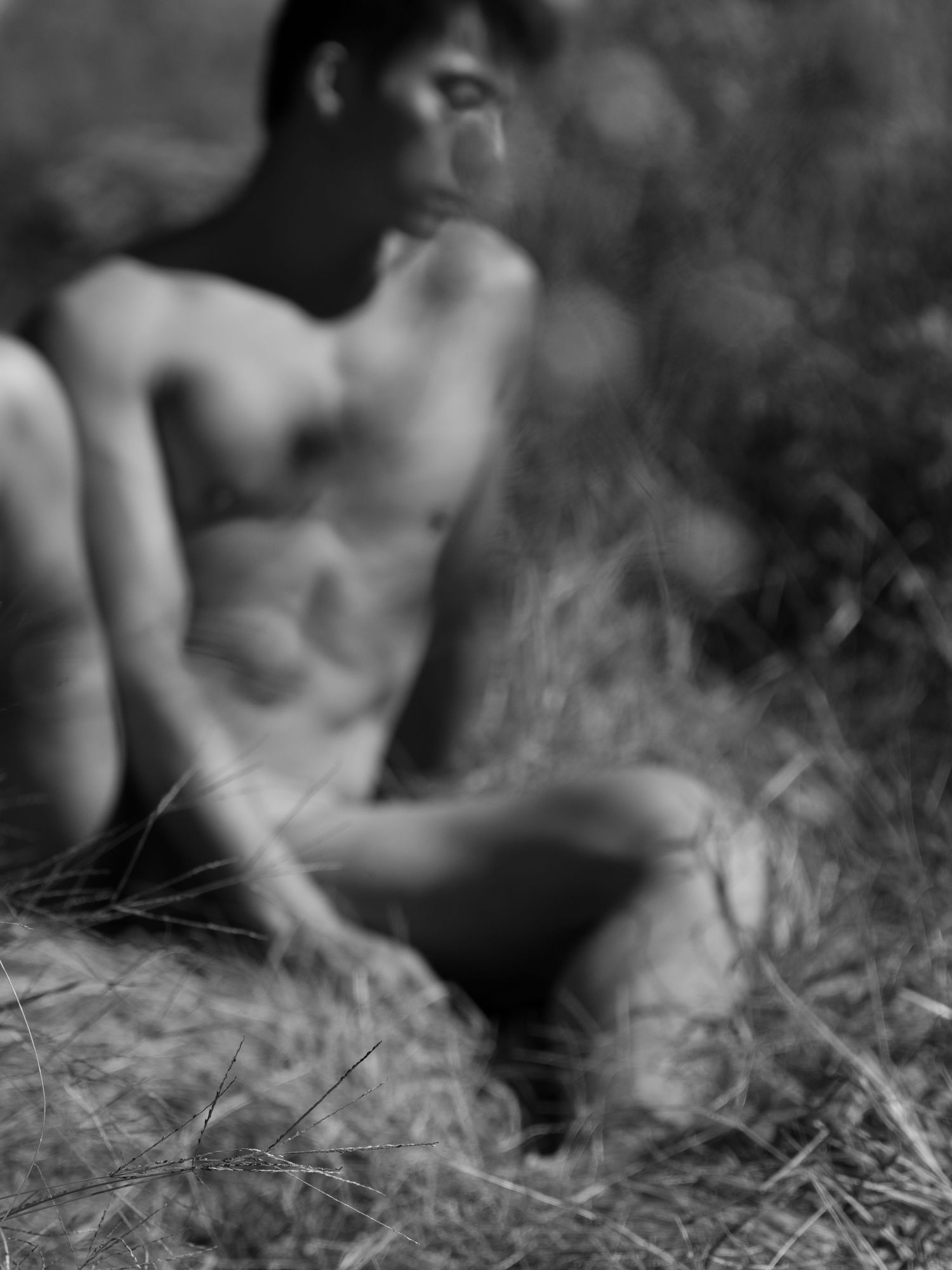 Black and white photograph showing hands gently touching soft hay or straw in natural lighting.