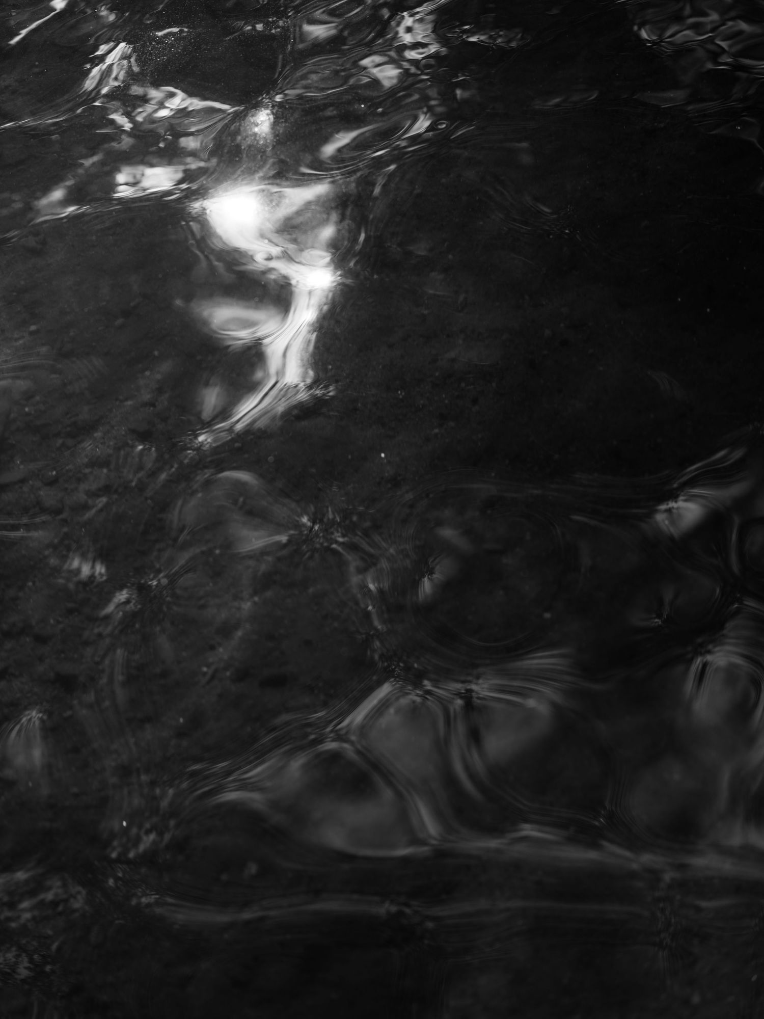 Abstract patterns of light reflecting on dark rippling water surface.