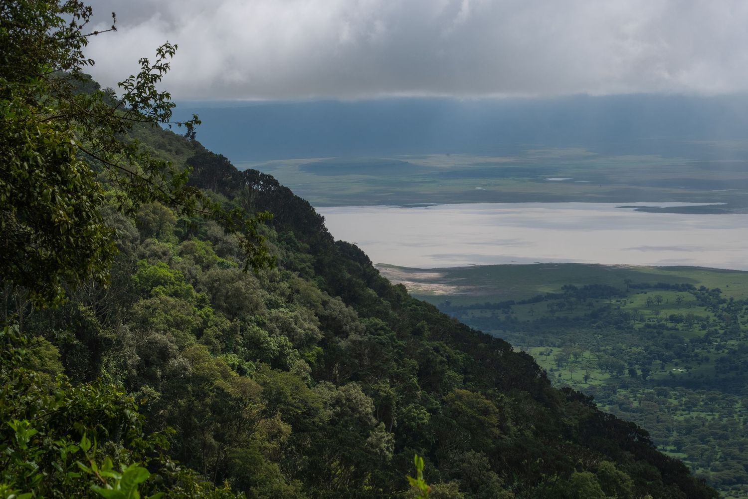 Lush green mountainside overlooking a misty valley with dramatic storm clouds overhead.