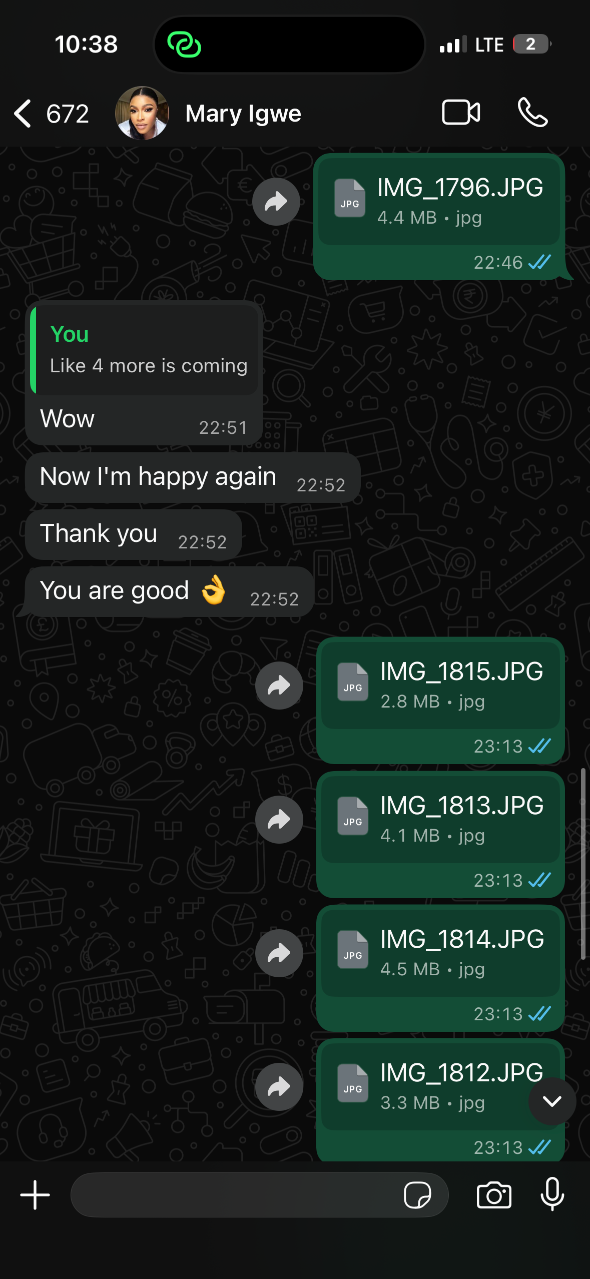 A WhatsApp chat interface showing a dark theme with green message bubbles and multiple image file attachments.
