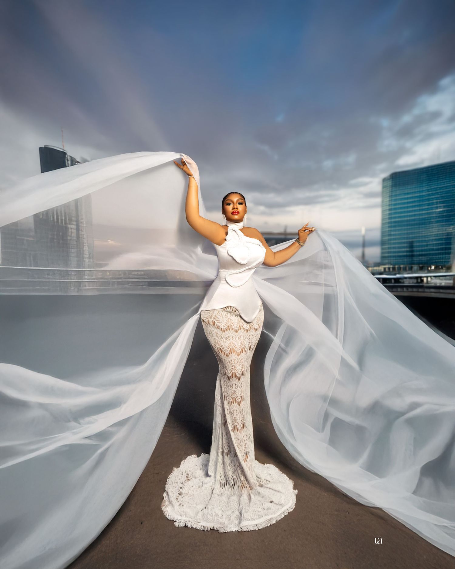 Dramatic bridal photos with flowing veil against urban skyline backdrop.