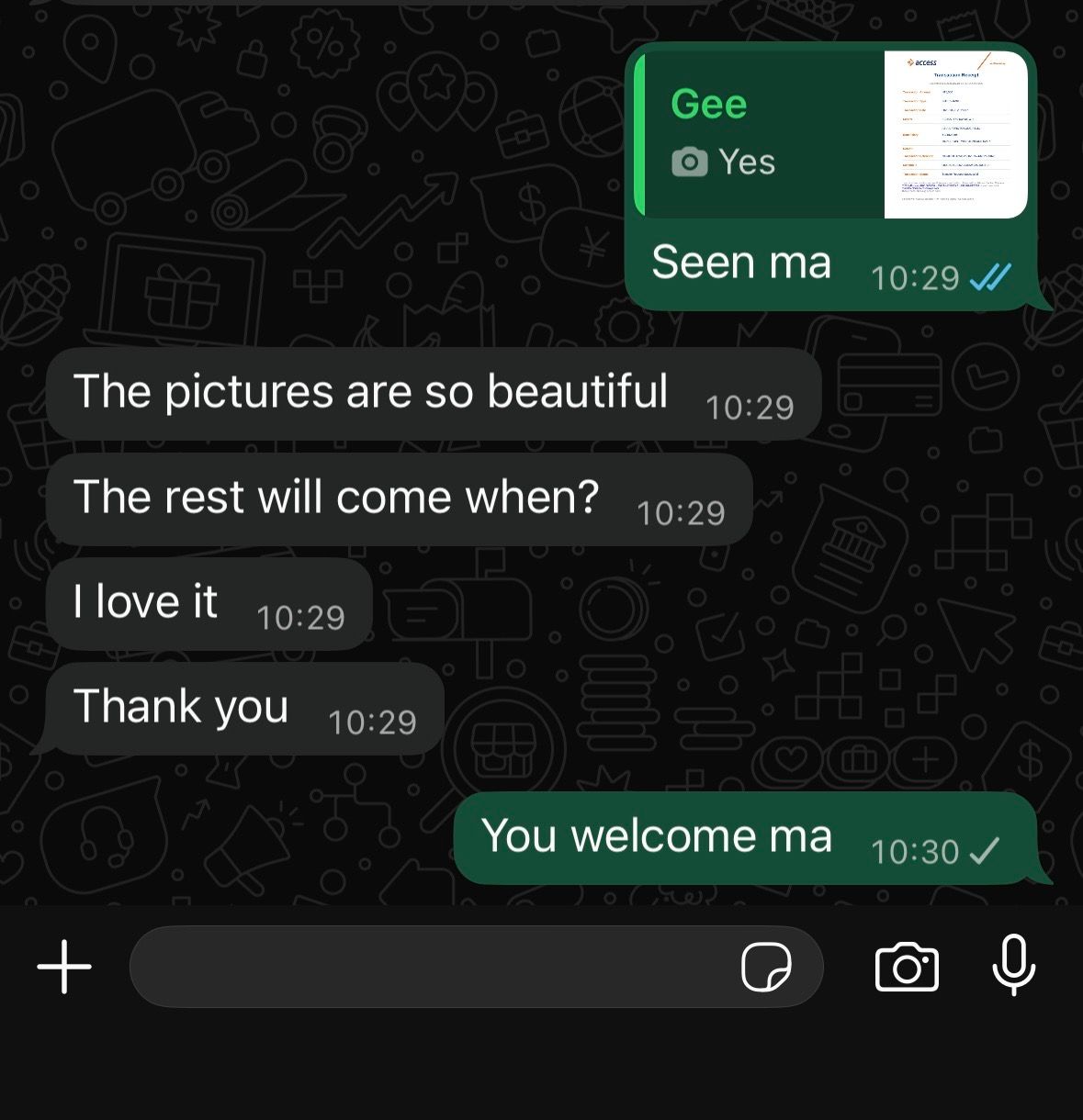 A dark themed messaging interface showing a brief chat conversation with green text bubbles and timestamps.