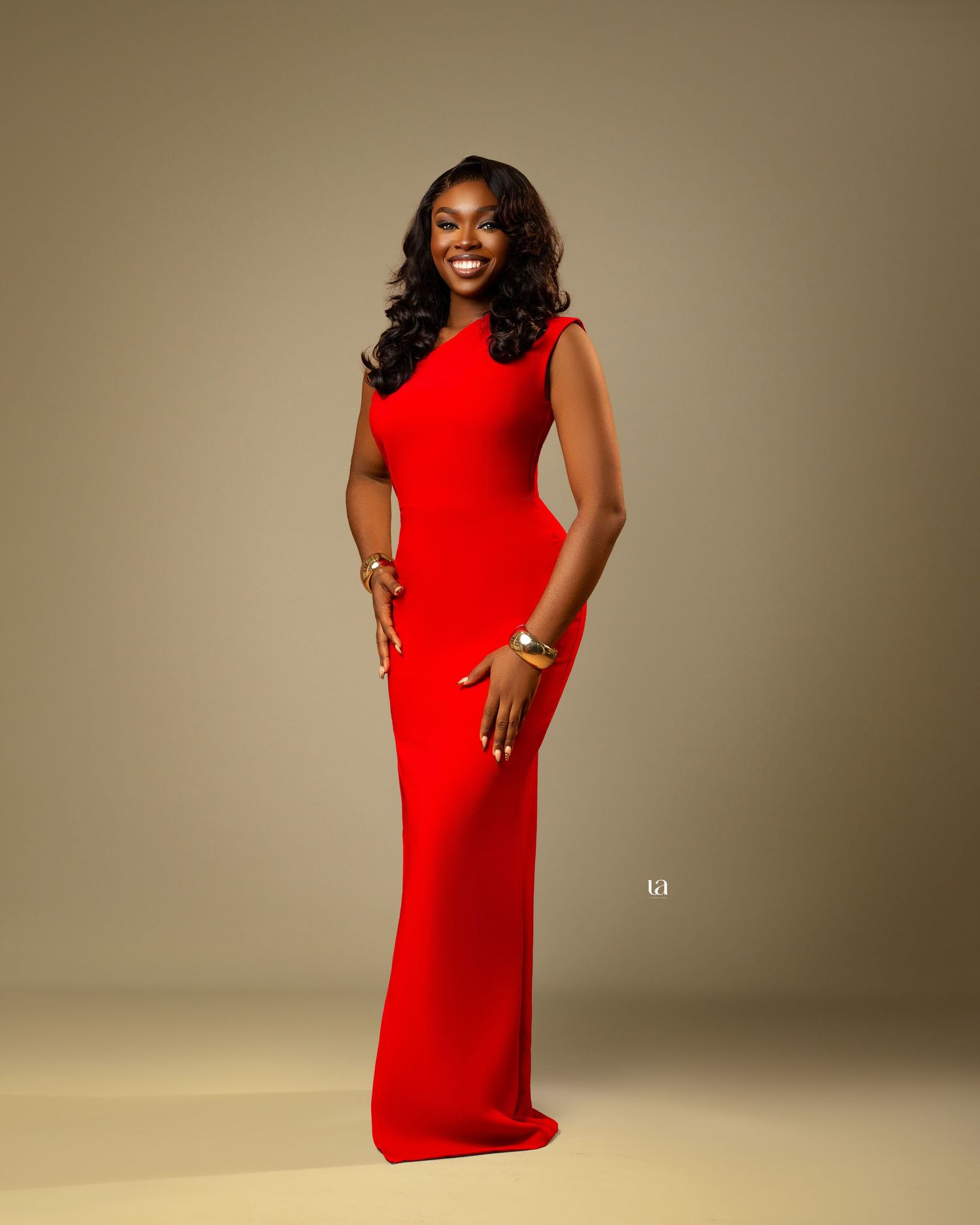 Studio fashion photography series featuring a sleek red evening gown against a neutral background.