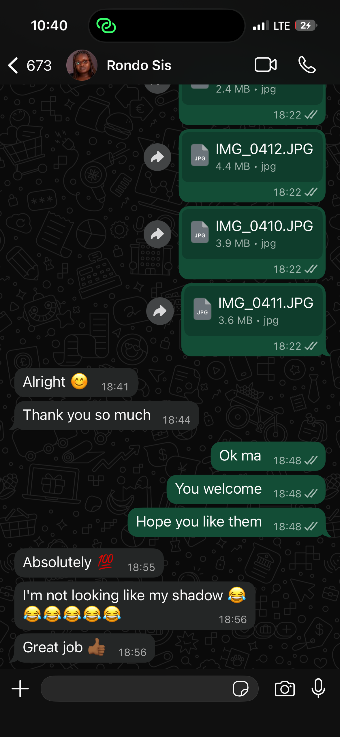 Screenshot of a WhatsApp chat conversation showing message bubbles and file attachments on a dark background.