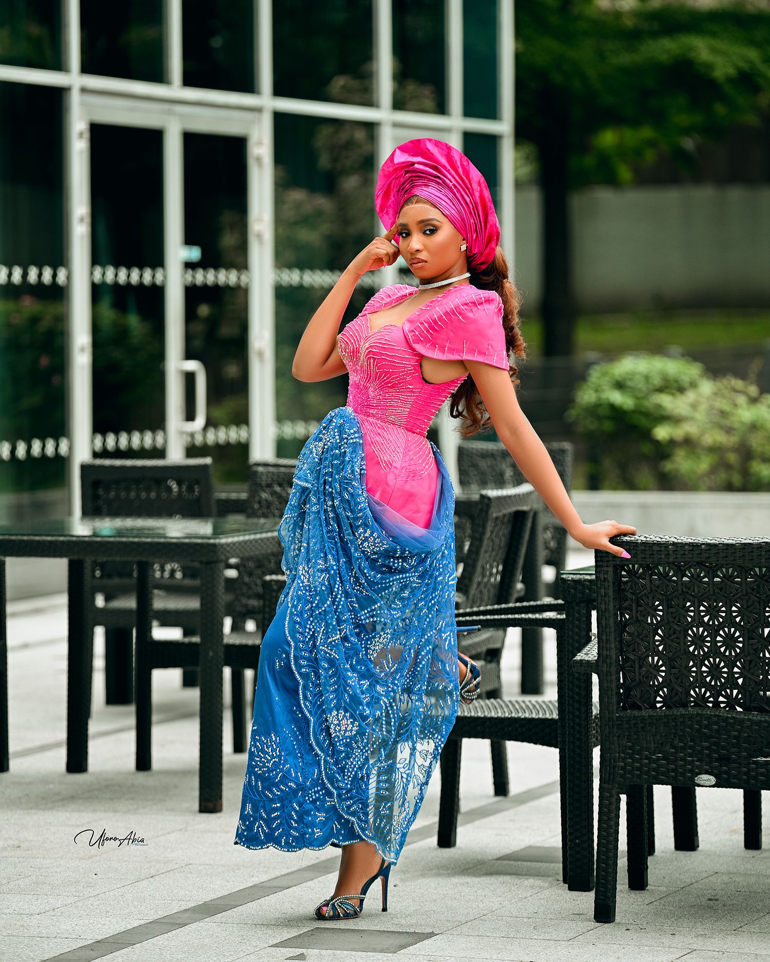 Fashion photo sequence showing a blue dress and pink headwrap against modern outdoor furniture.