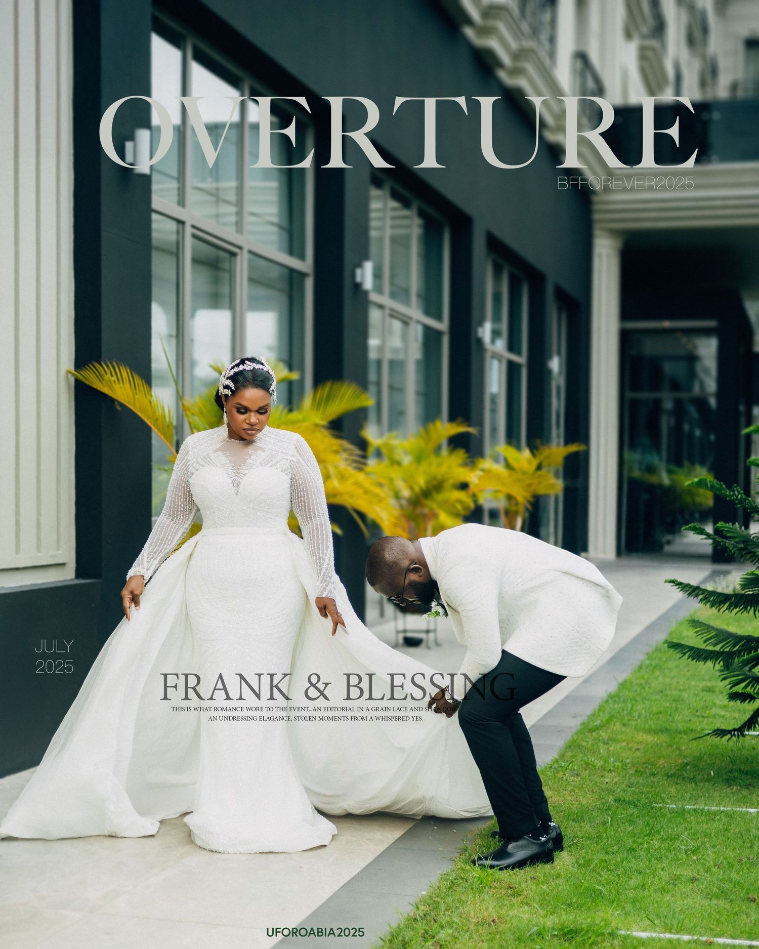 Wedding photoshoot on a manicured lawn with classical architecture and palm trees in the background.