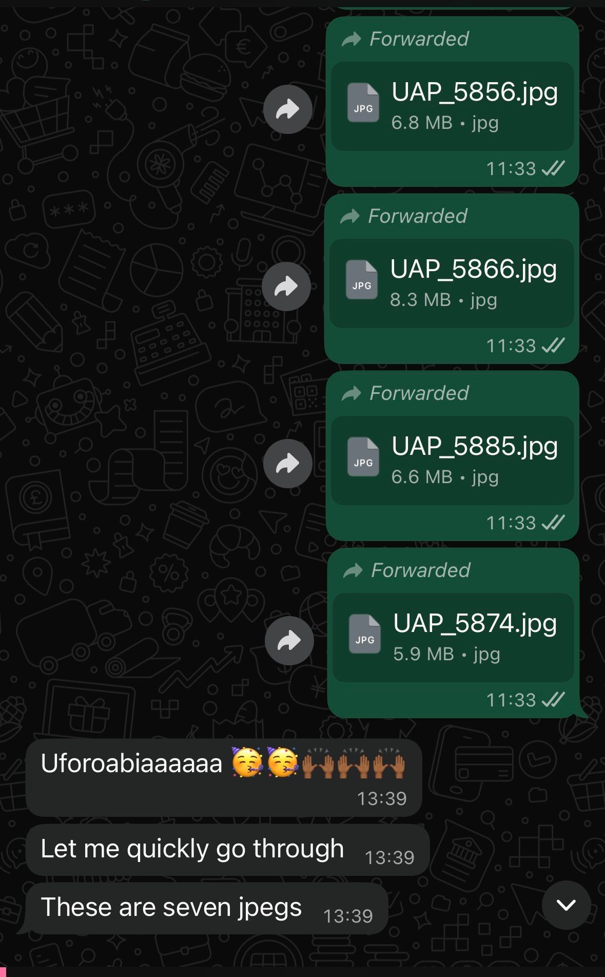 WhatsApp chat interface showing forwarded messages with JPG attachments and text messages in dark mode.