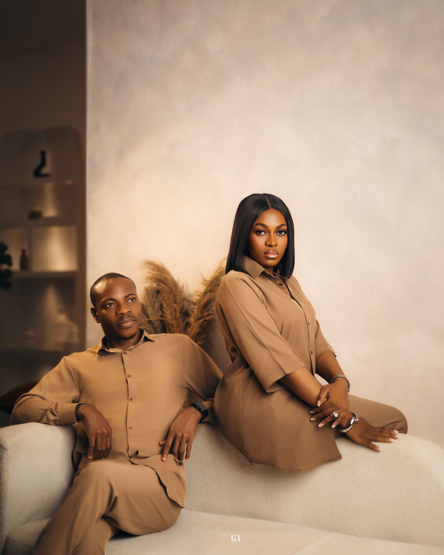 Fashion photo series with models in matching beige outfits posing against neutral backdrop.