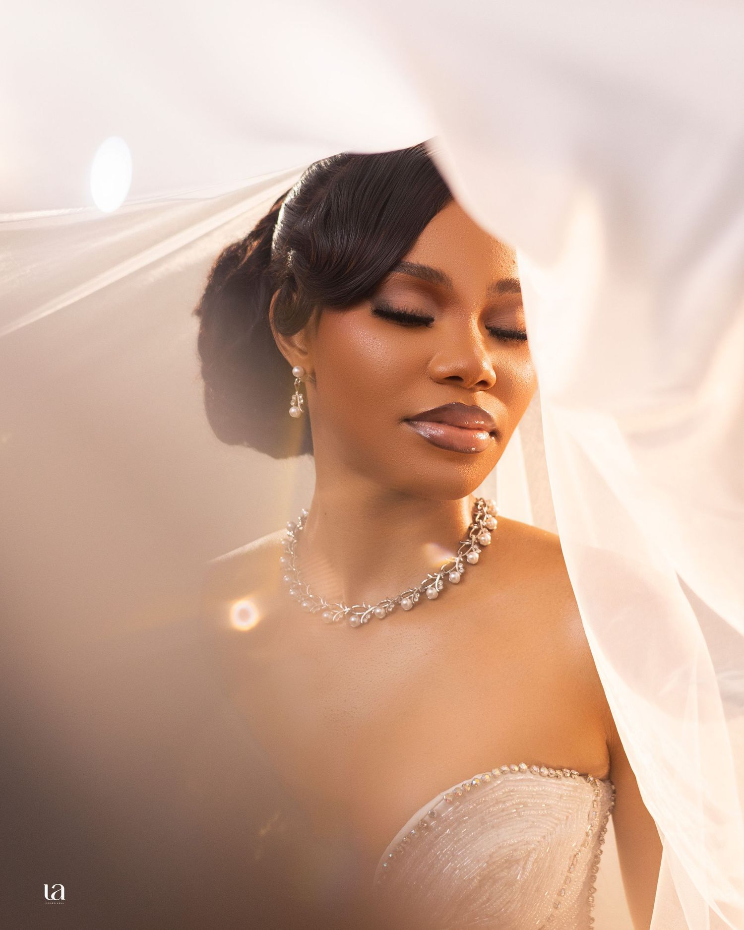 Ethereal bridal portrait with soft veil and sparkling jewelry in dreamy lighting.