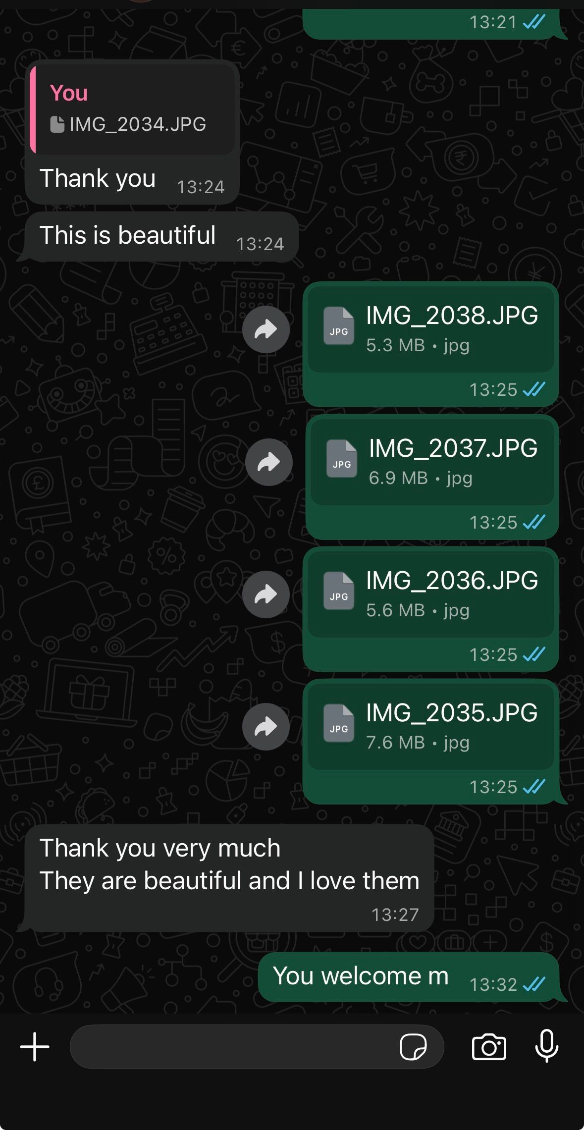 WhatsApp chat screenshot showing message exchanges with text responses including 'Thank you' and 'This is beautiful'.