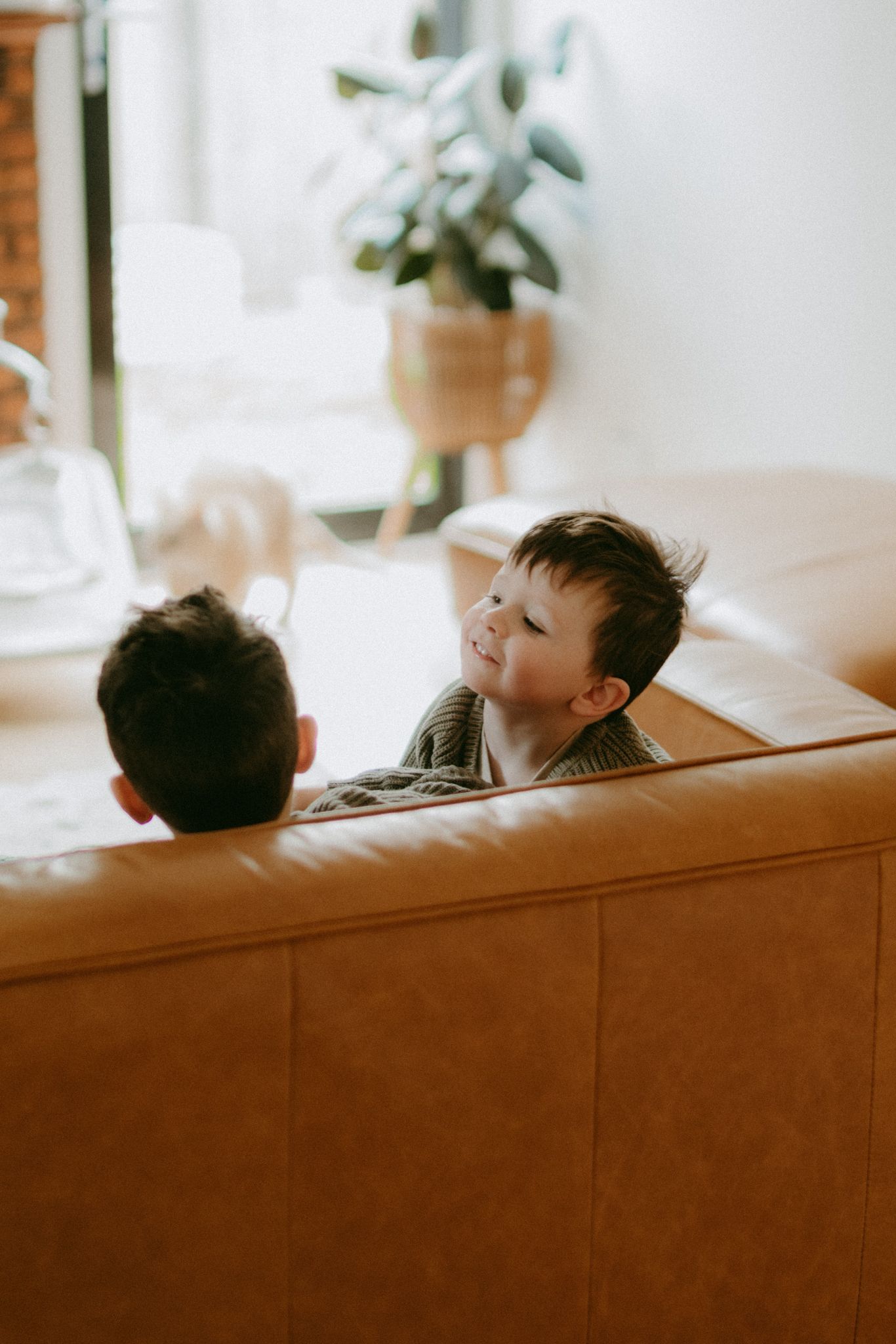 Two young children sitting on a brown leather sofa in a cozy living room with a potted plant in the background.
