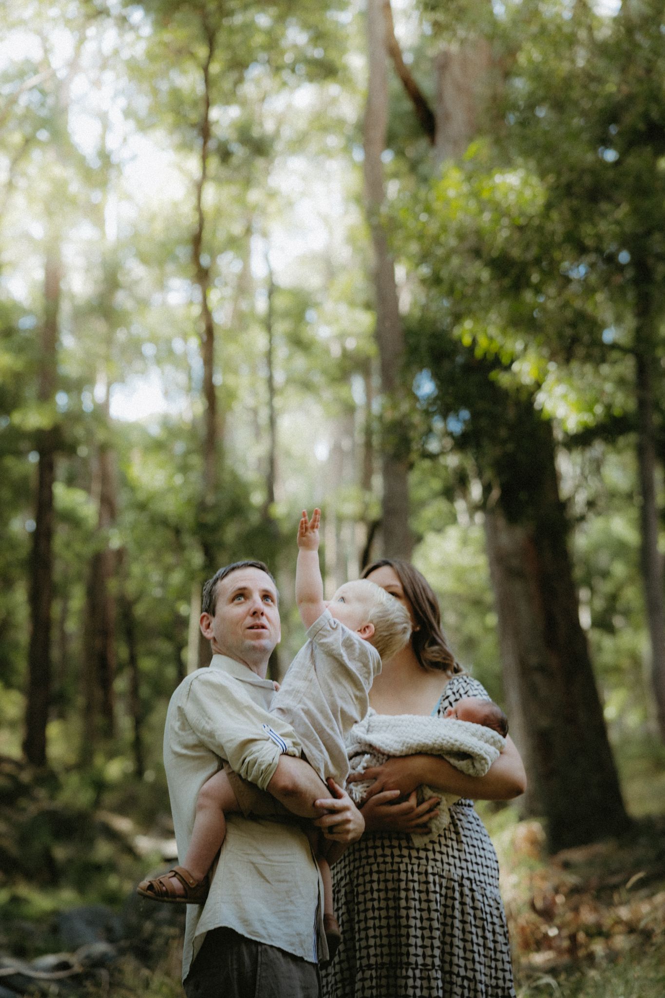 Family of three in sunlit forest, father holding toddler pointing upward while mother looks on.