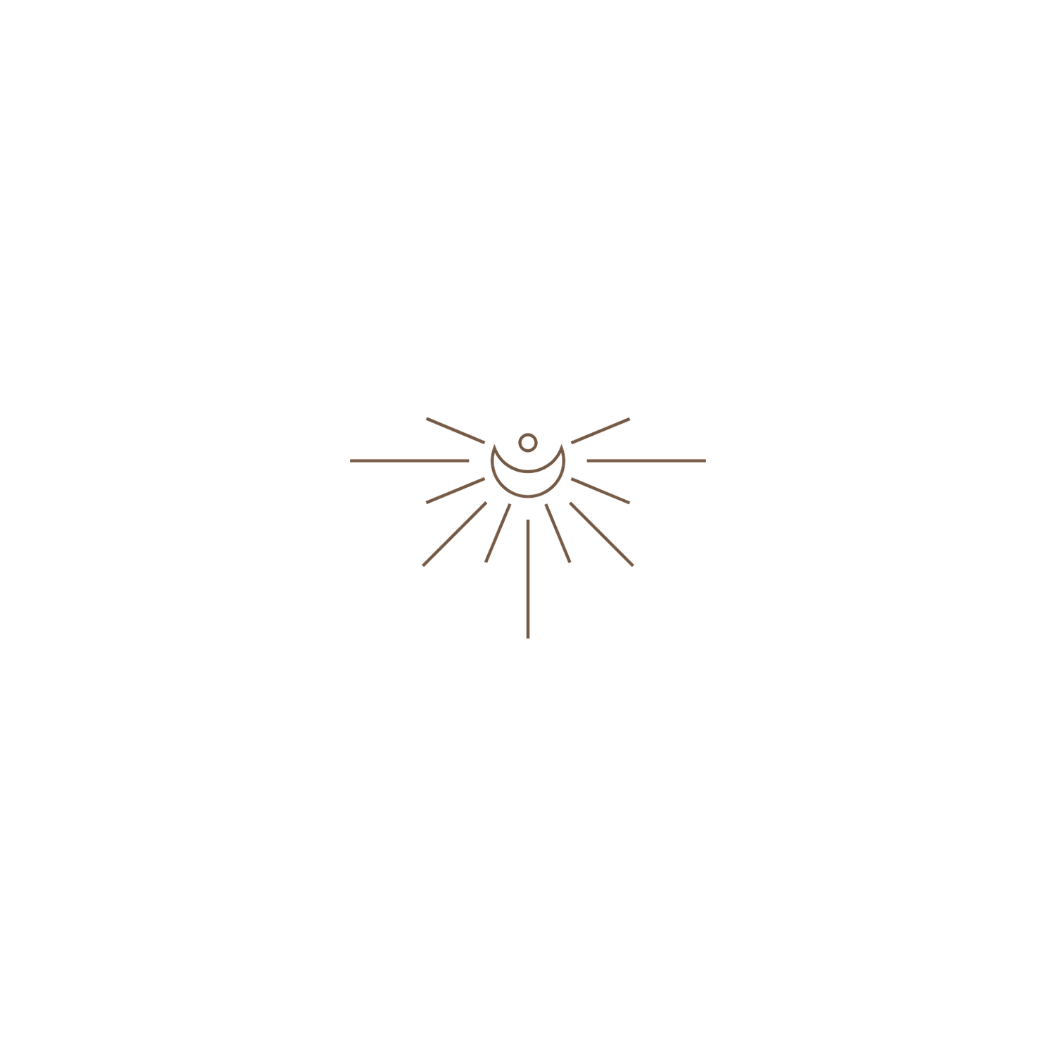 Minimalist line art sun and crescent moon celestial symbol with radiating rays in warm brown tones.