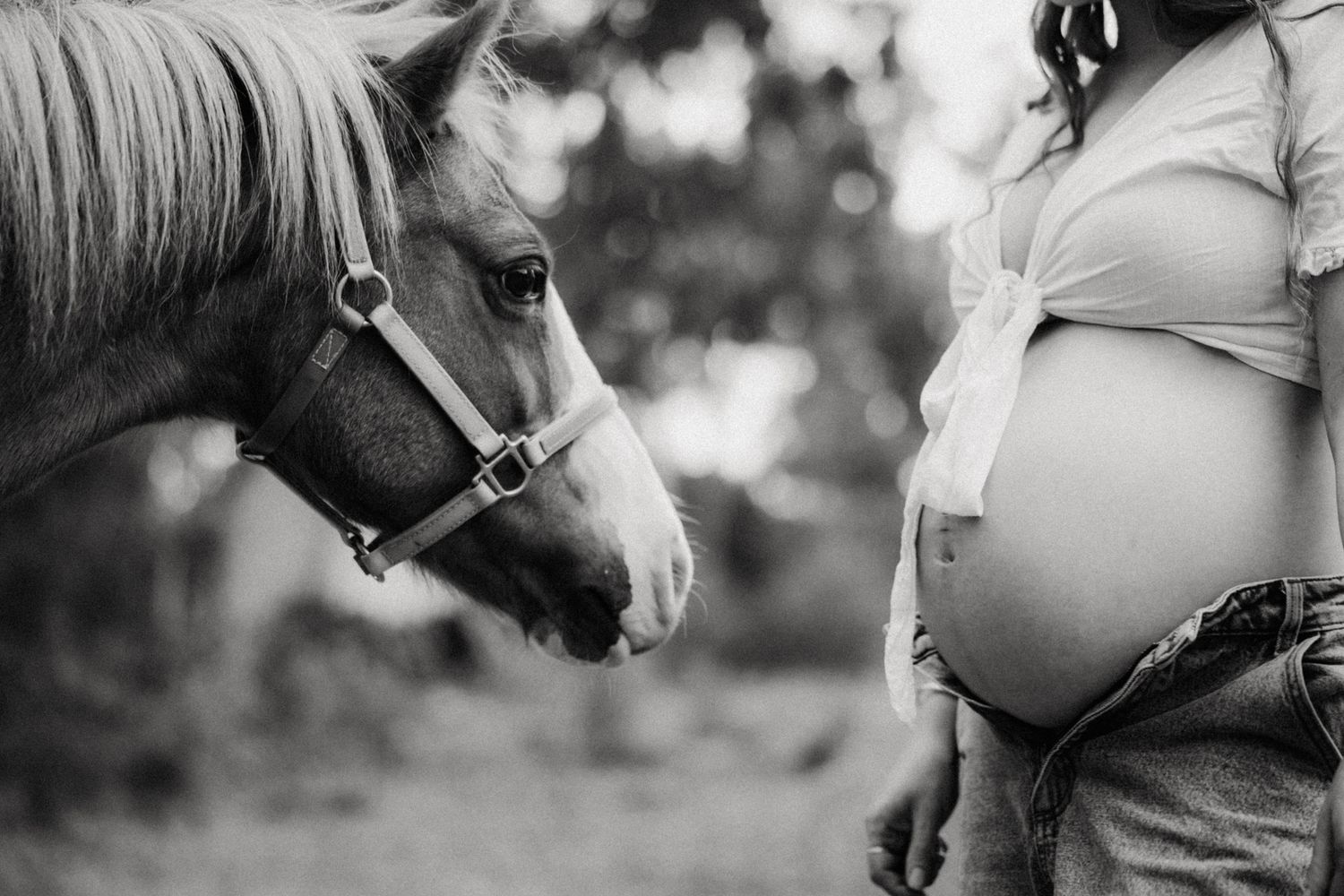 Black and white photo of a pregnant woman standing beside a horse, showcasing a serene maternity moment outdoors.