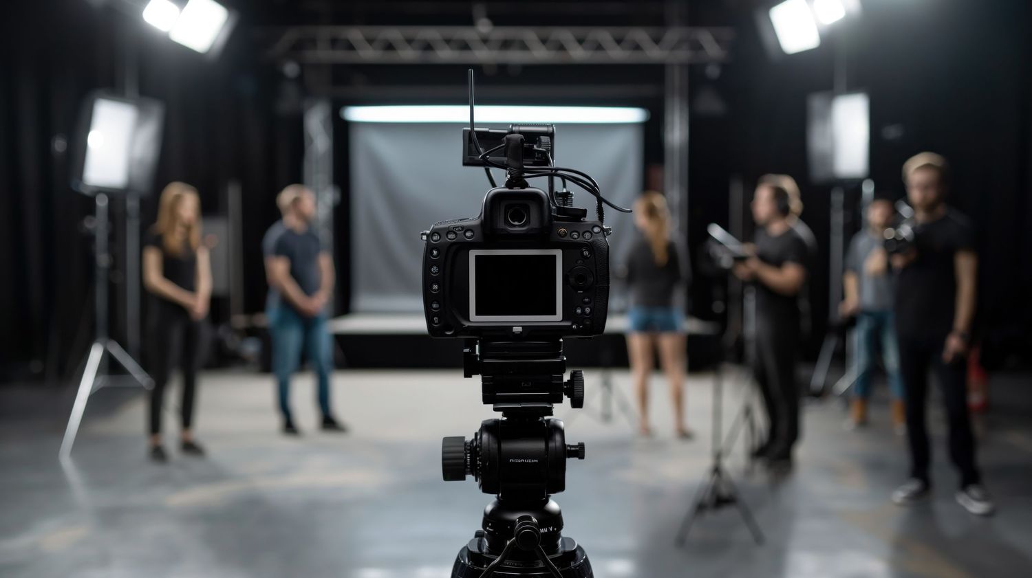 Professional film studio setup with camera on tripod, crew members, and lighting equipment in a dark production space.
