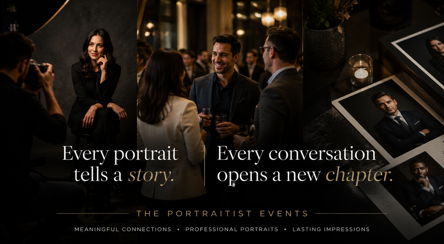 Elegant portrait photography event with professionals networking in moody lighting, showcasing The Portraitist Events brand.