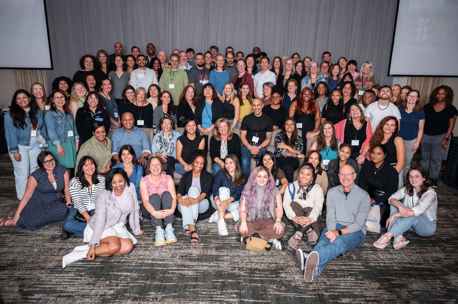 Large group photos showing people gathered together for a casual event, sitting and standing in multiple rows.
