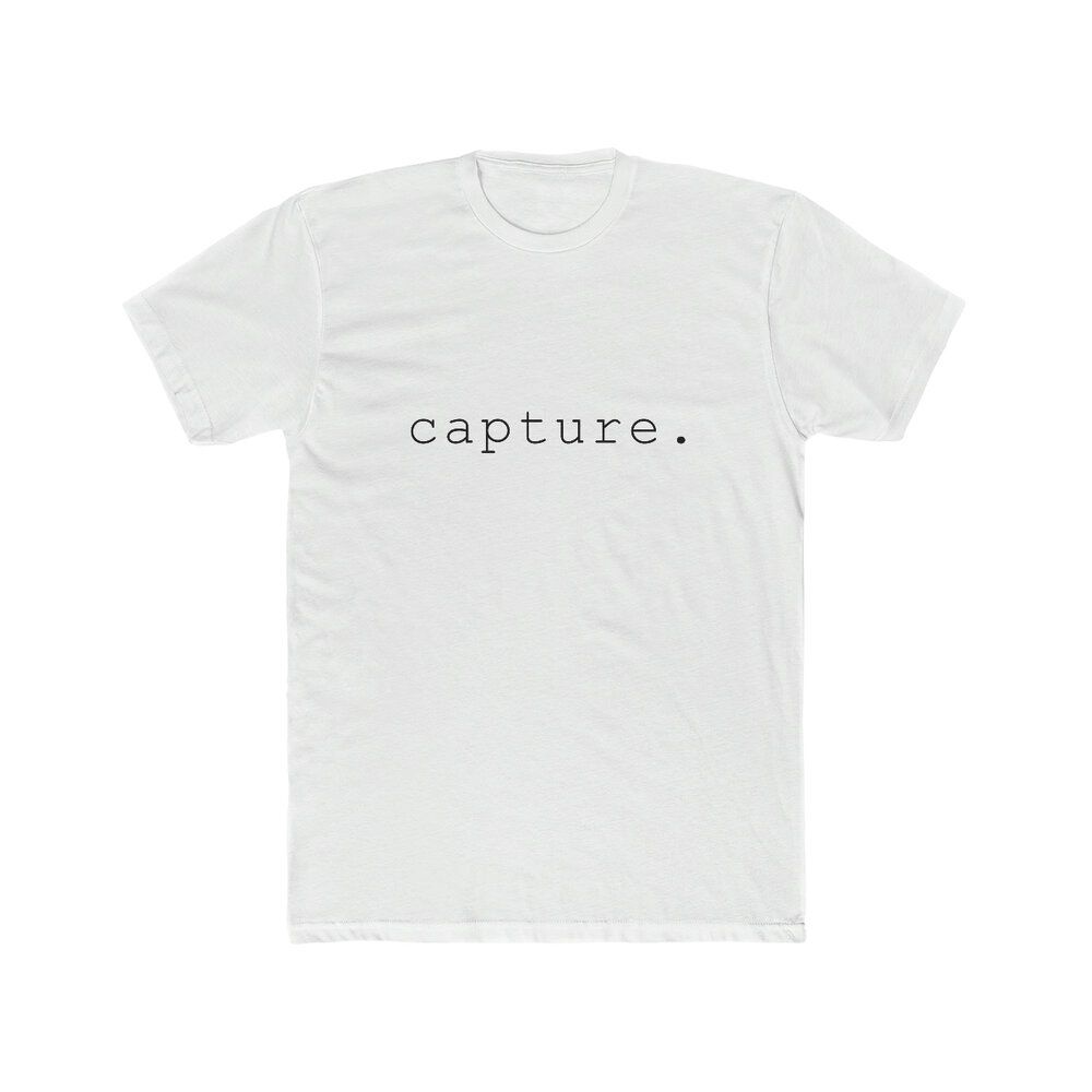 White t-shirt with minimalist 'capture' text design shown from multiple angles on plain background.