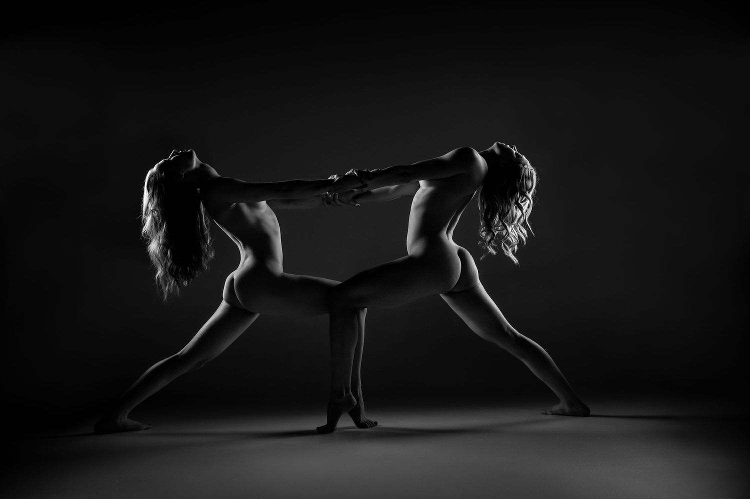 Two dancers perform a dramatic mirrored pose in silhouette against a dark background in artistic black and white.