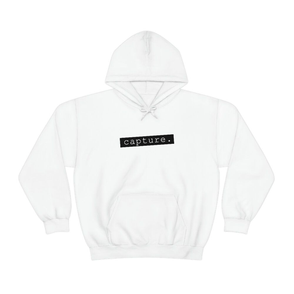 White hooded sweatshirt shown from multiple angles displaying front, back and sleeve details.