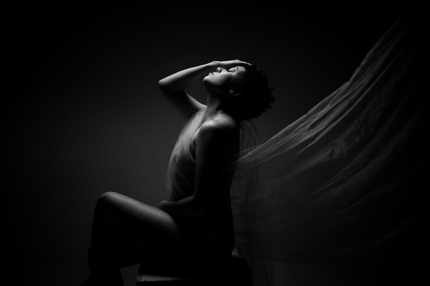 Black and white fine art nude photograph of a woman seated gracefully with flowing fabric against a dark background.