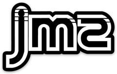 Black and white stylized JM2 logo design with retro-futuristic curved typography and bold outline effect.