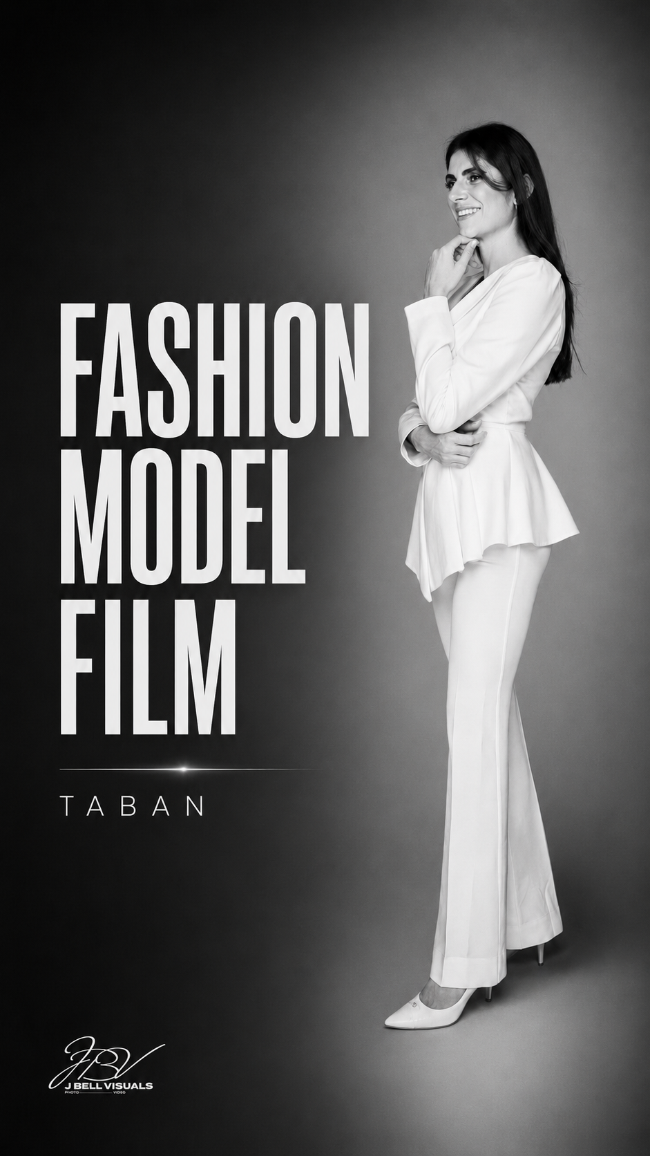 Black and white fashion model film poster featuring Taban in a white pantsuit, posing elegantly against a dark background.