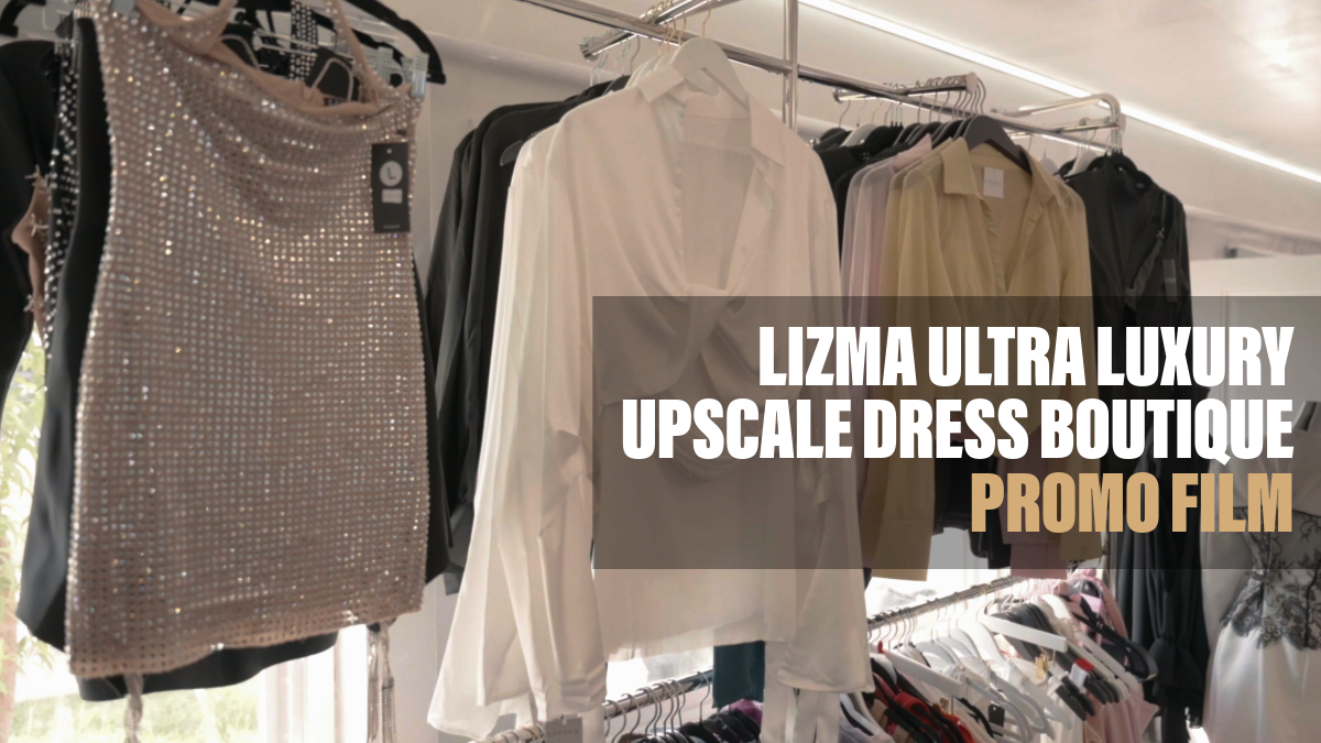 Lizma Ultra Luxury Upscale Dress Boutique promo film featuring elegant dresses and sequined skirts on display racks.